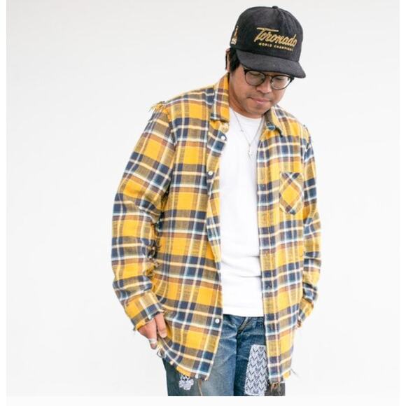 R13 Black & Yellow Plaid Flannel Shirt Size Large - Picture 1 of 9